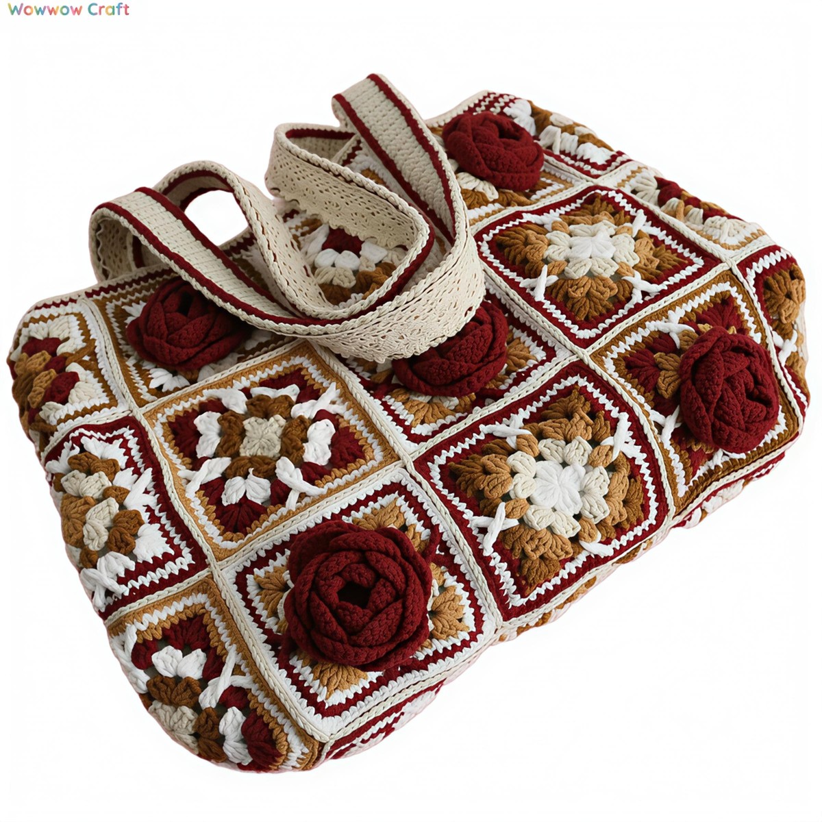 Shoulder Bags,Totes,Crochet Bags,Burgundy Flowers Embroidery Granny Square Tote crocheted with Snow Fairy Yarn - High quality handmade crocheted shoulder bag